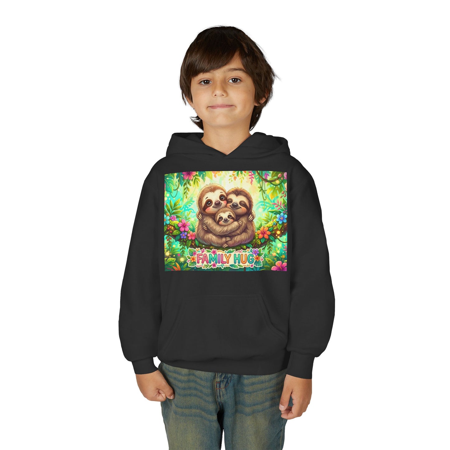 Family Hug Sloth Youth Heavy Blend Hooded Sweatshirt