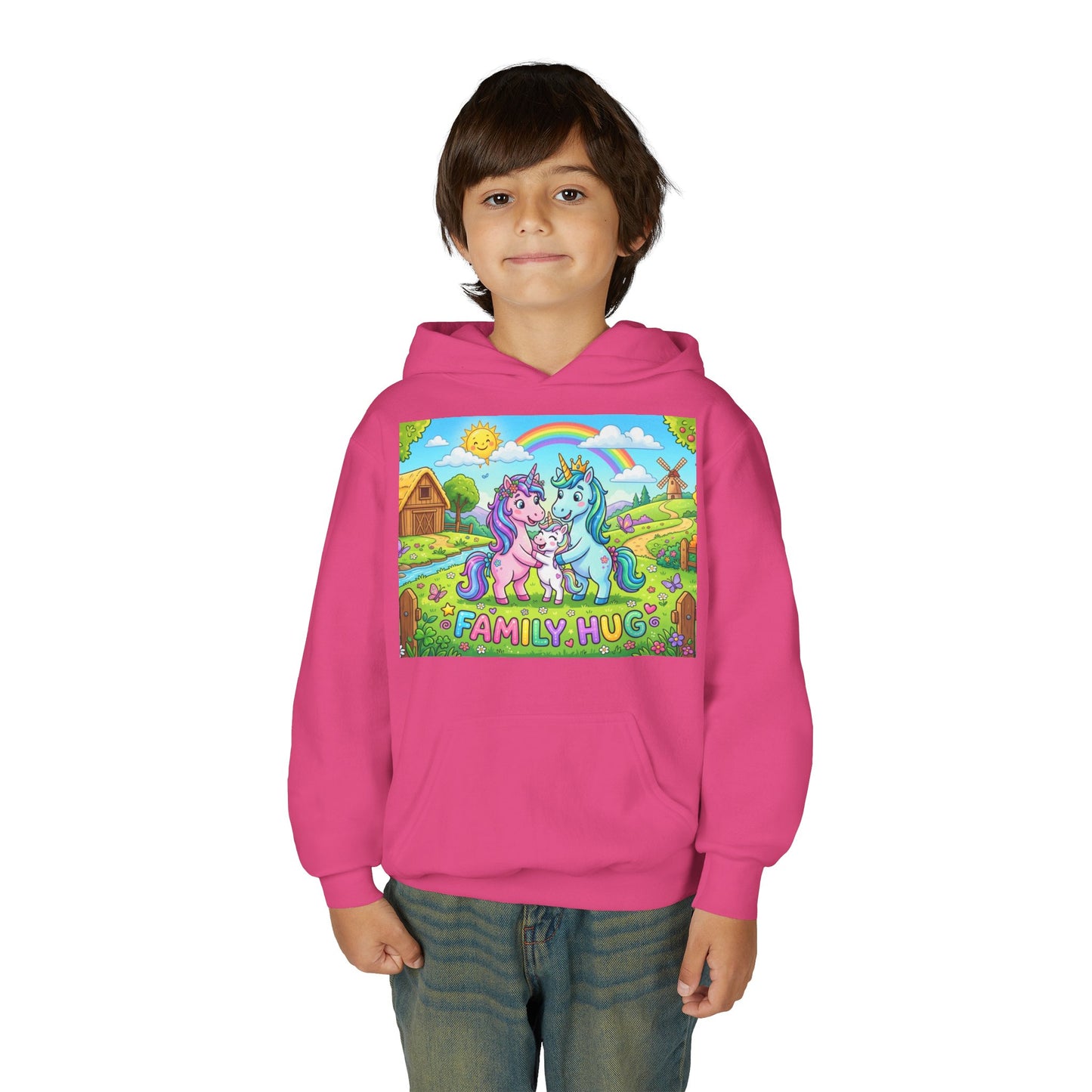 Family Hug Unicorn Youth Heavy Blend Hooded Sweatshirt