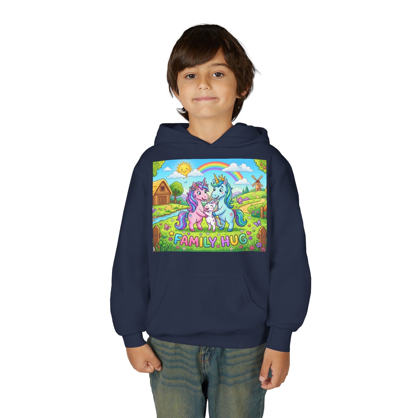 Family Hug Unicorn Youth Heavy Blend Hooded Sweatshirt
