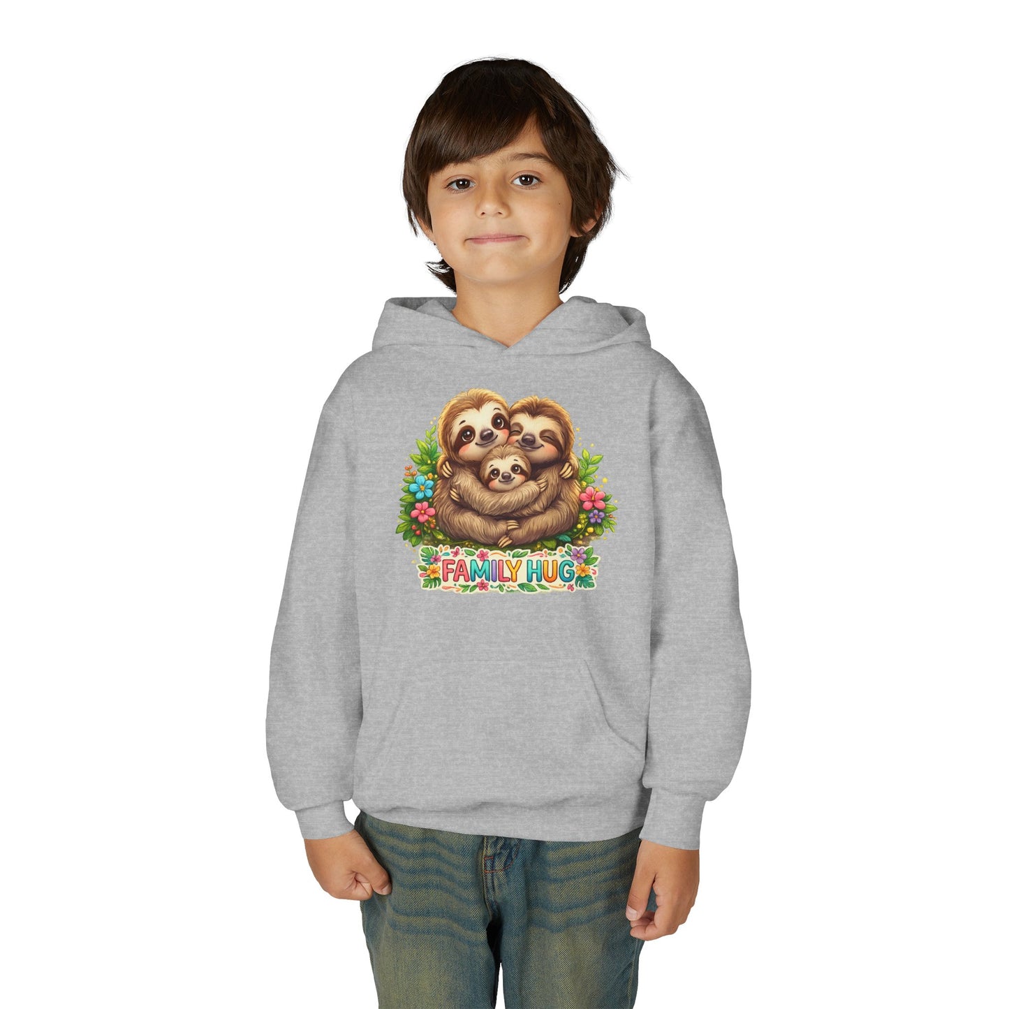 Family Hug Sloth Youth Heavy Blend Hooded Sweatshirt