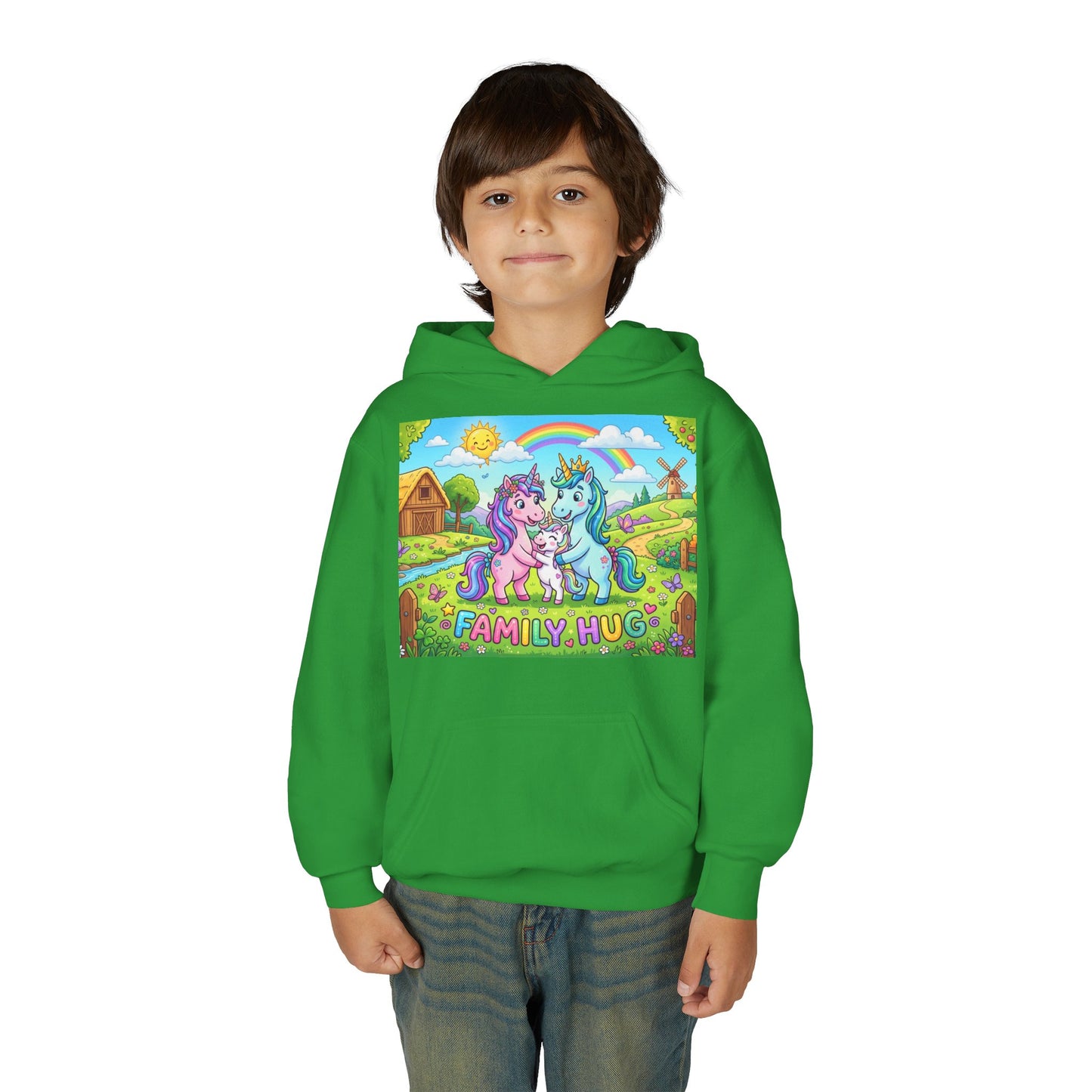 Family Hug Unicorn Youth Heavy Blend Hooded Sweatshirt