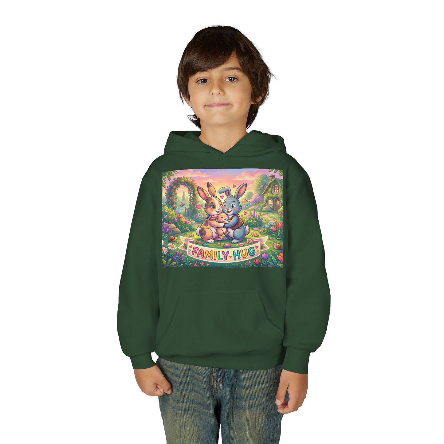 Family Hug Bunny Youth Heavy Blend Hooded Sweatshirt