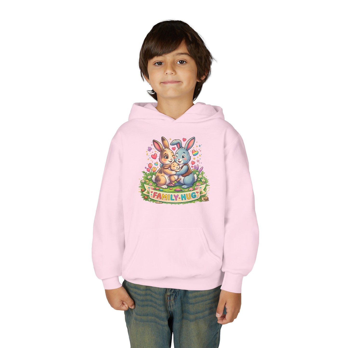 Family Hug Bunny Youth Heavy Blend Hooded Sweatshirt