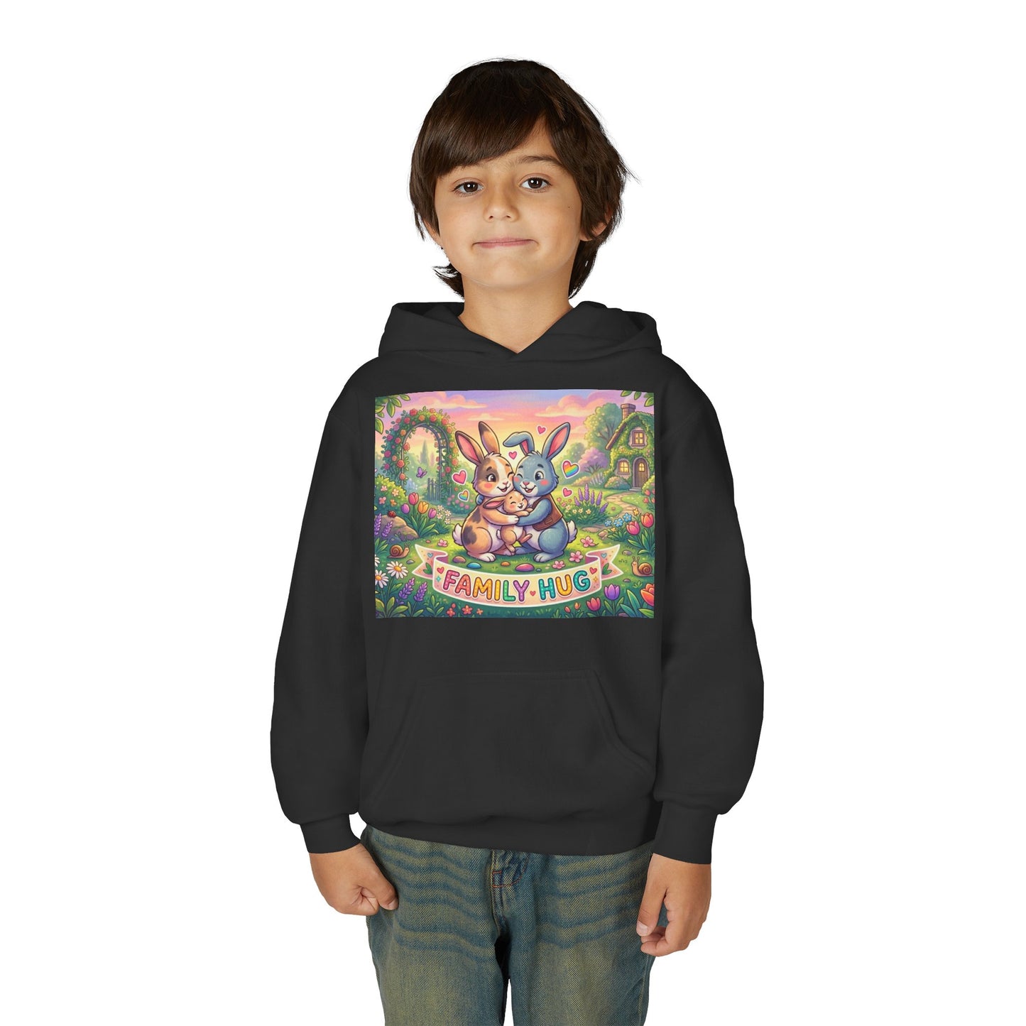 Family Hug Bunny Youth Heavy Blend Hooded Sweatshirt