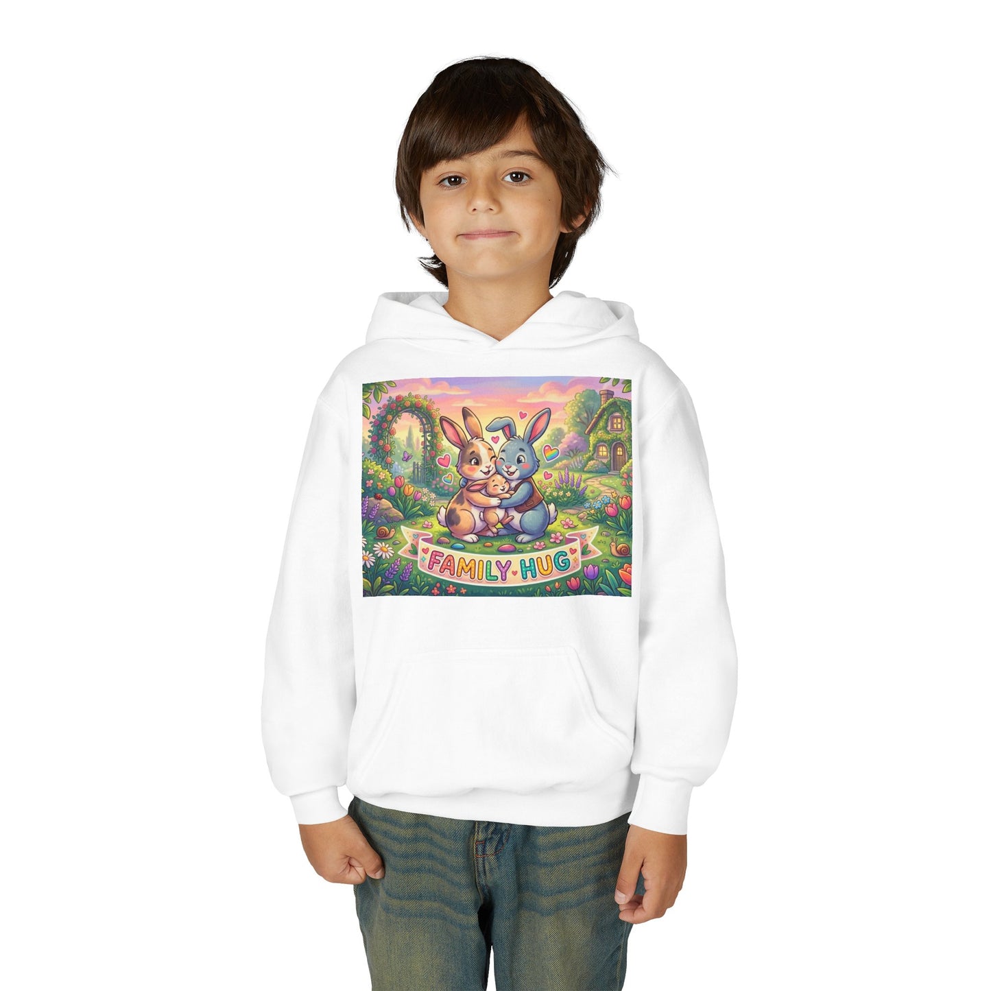 Family Hug Bunny Youth Heavy Blend Hooded Sweatshirt