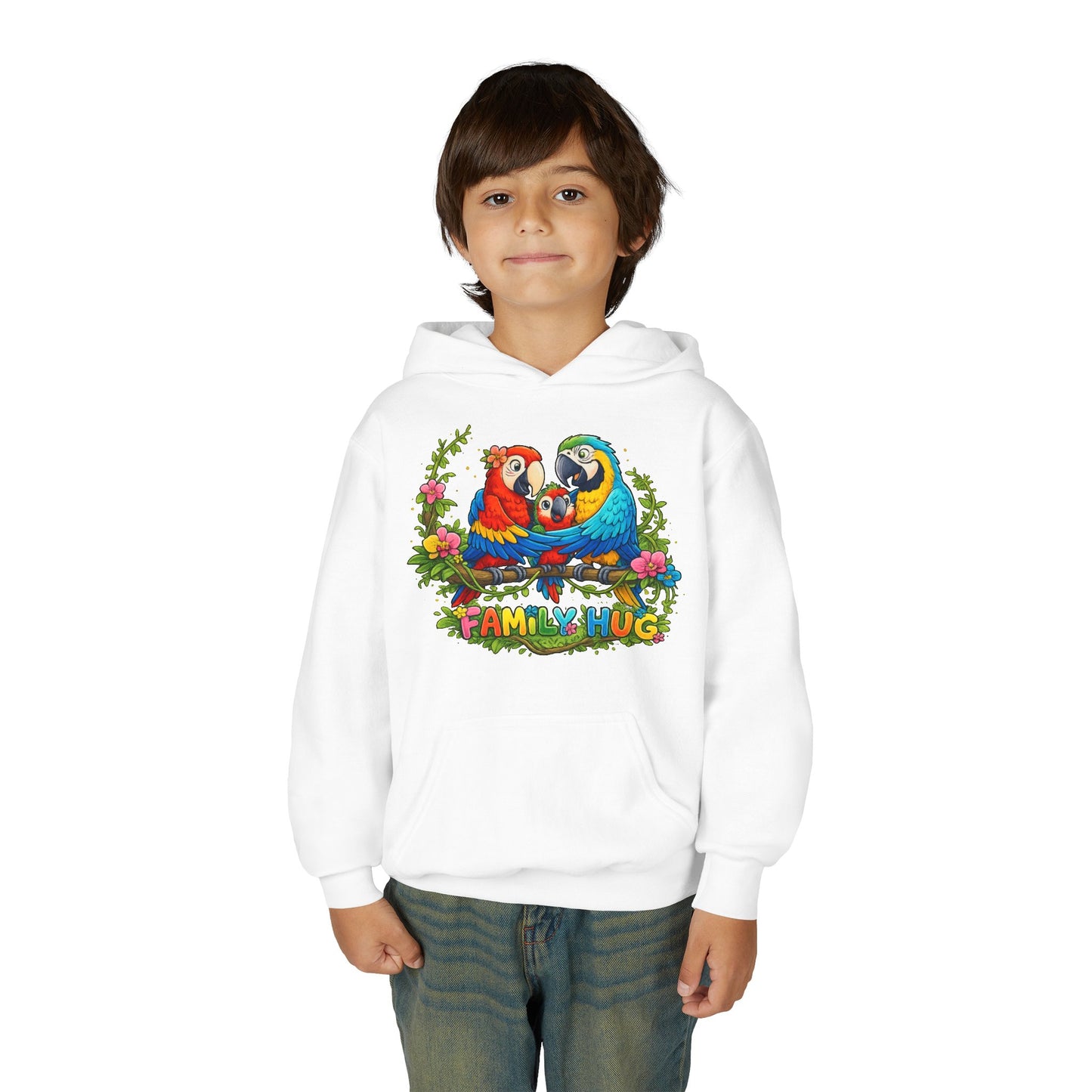 Family Hug Macaw Youth Heavy Blend Hooded Sweatshirt