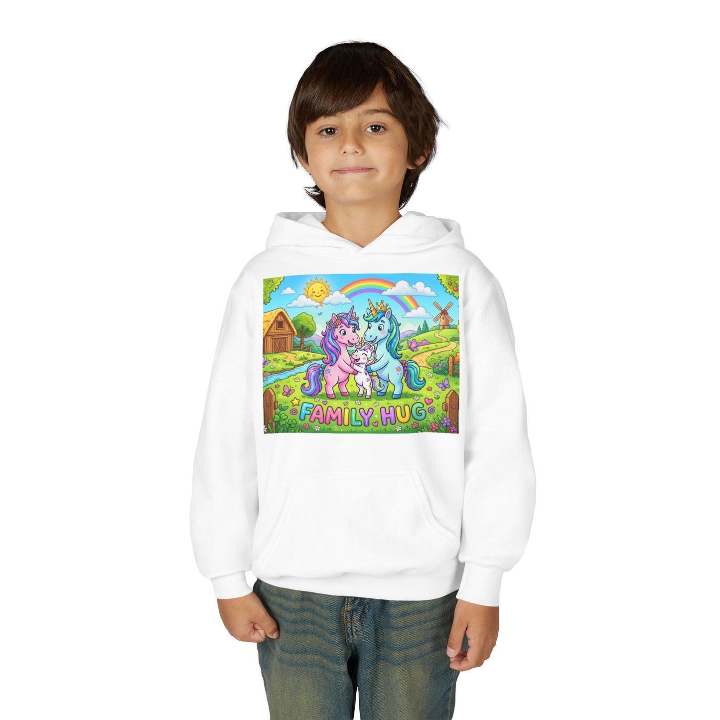 Family Hug Unicorn Youth Heavy Blend Hooded Sweatshirt