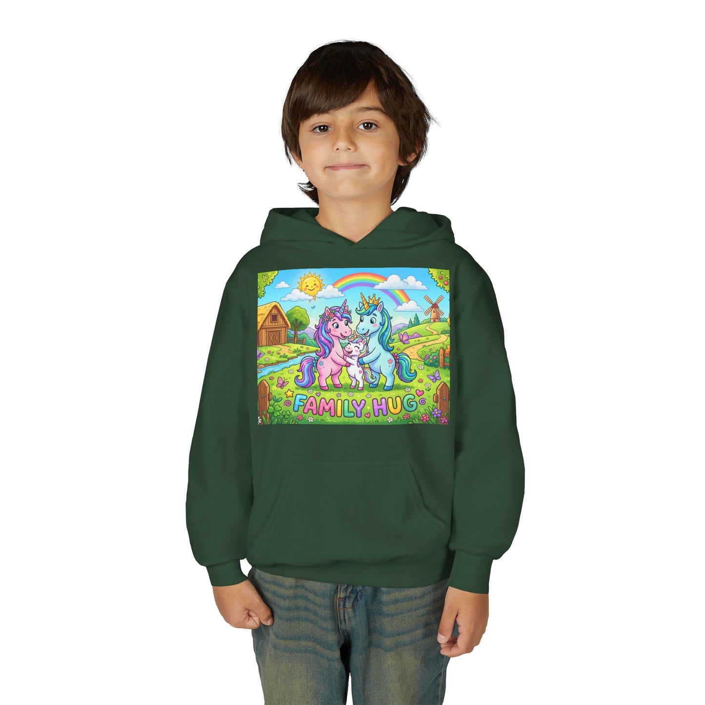 Family Hug Unicorn Youth Heavy Blend Hooded Sweatshirt