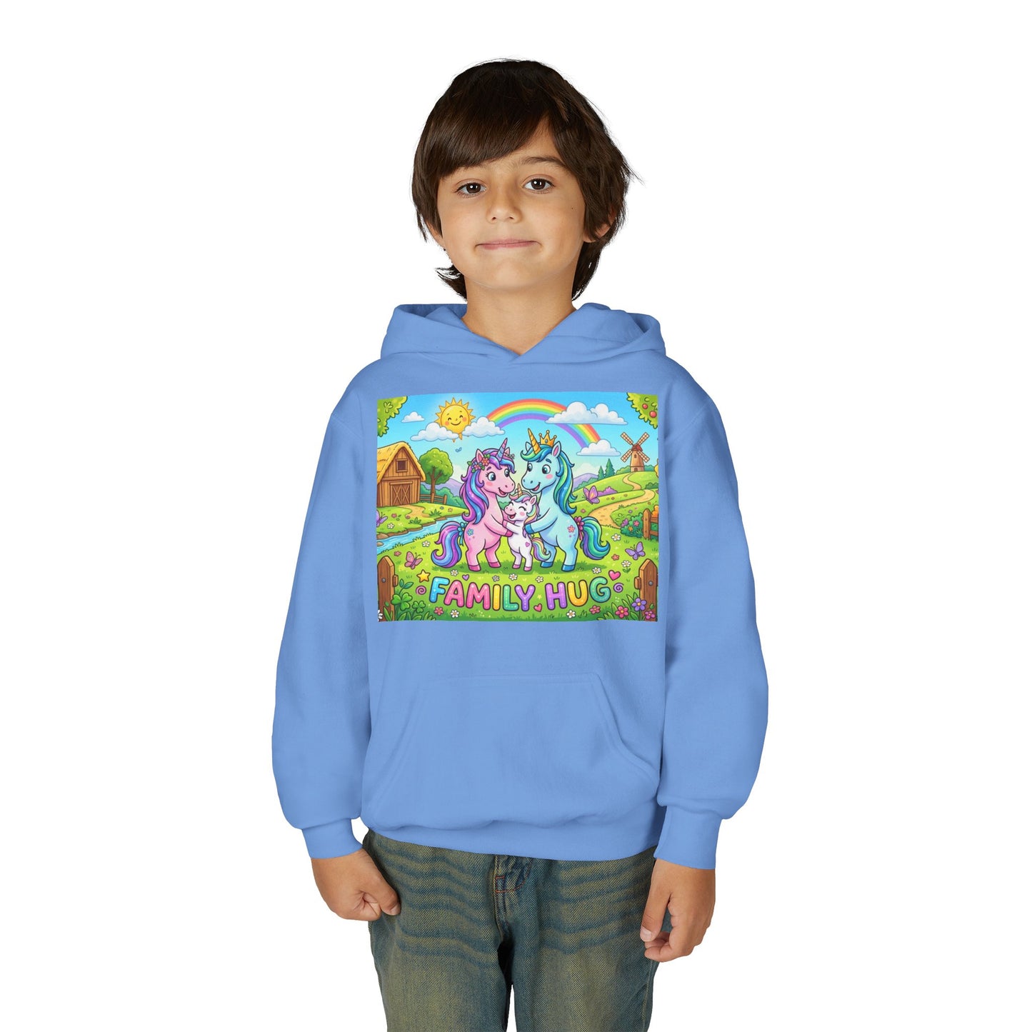Family Hug Unicorn Youth Heavy Blend Hooded Sweatshirt