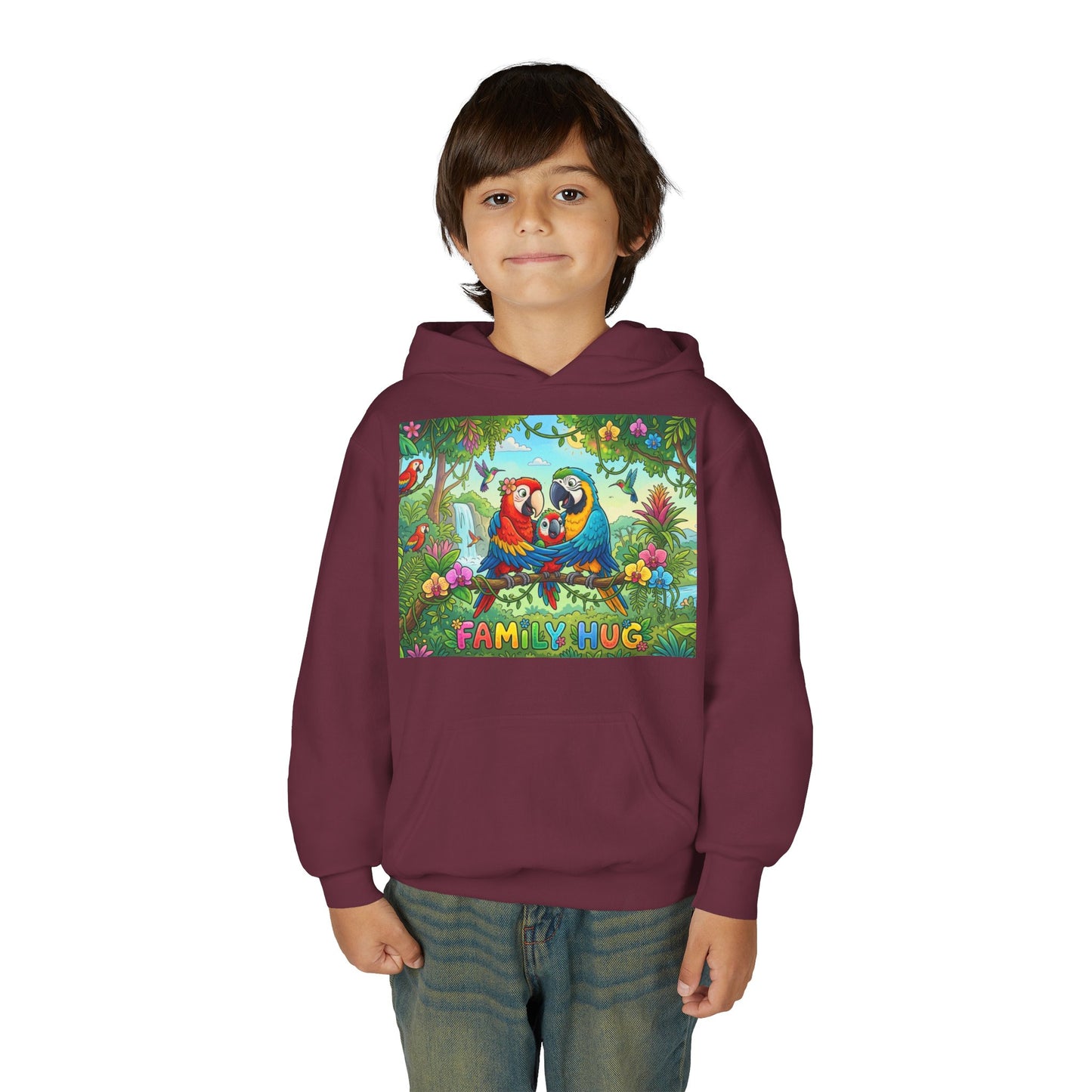 Family Hug Macaw Youth Heavy Blend Hooded Sweatshirt