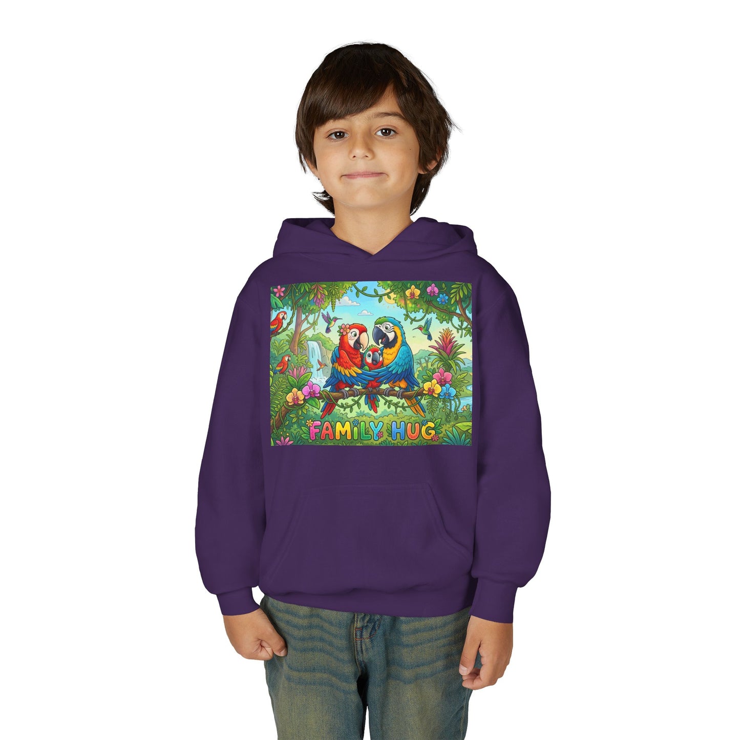 Family Hug Macaw Youth Heavy Blend Hooded Sweatshirt
