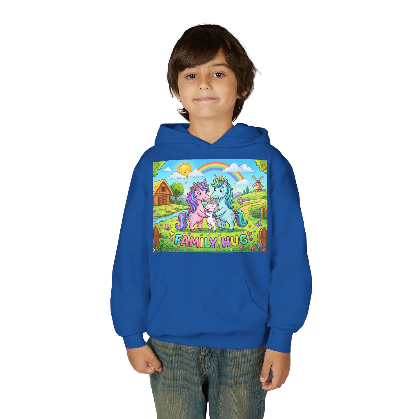 Family Hug Unicorn Youth Heavy Blend Hooded Sweatshirt