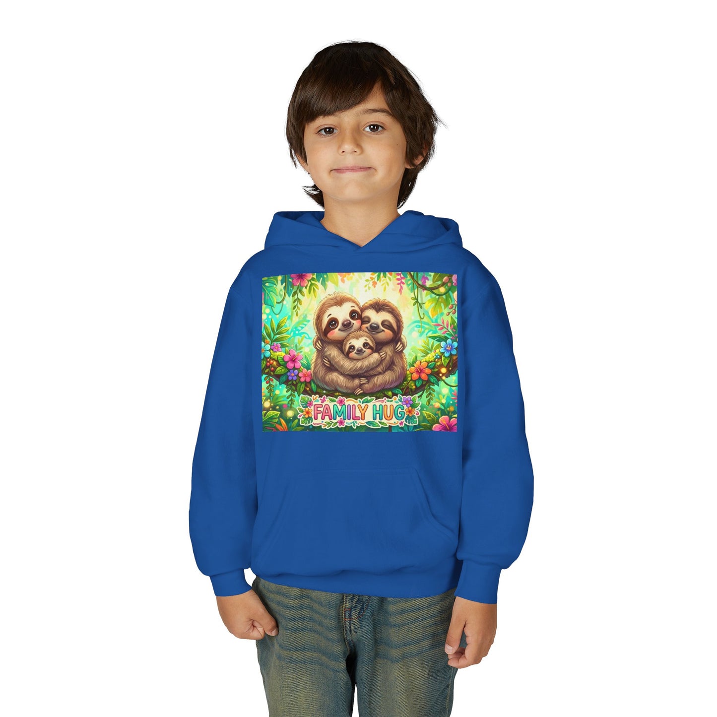 Family Hug Sloth Youth Heavy Blend Hooded Sweatshirt