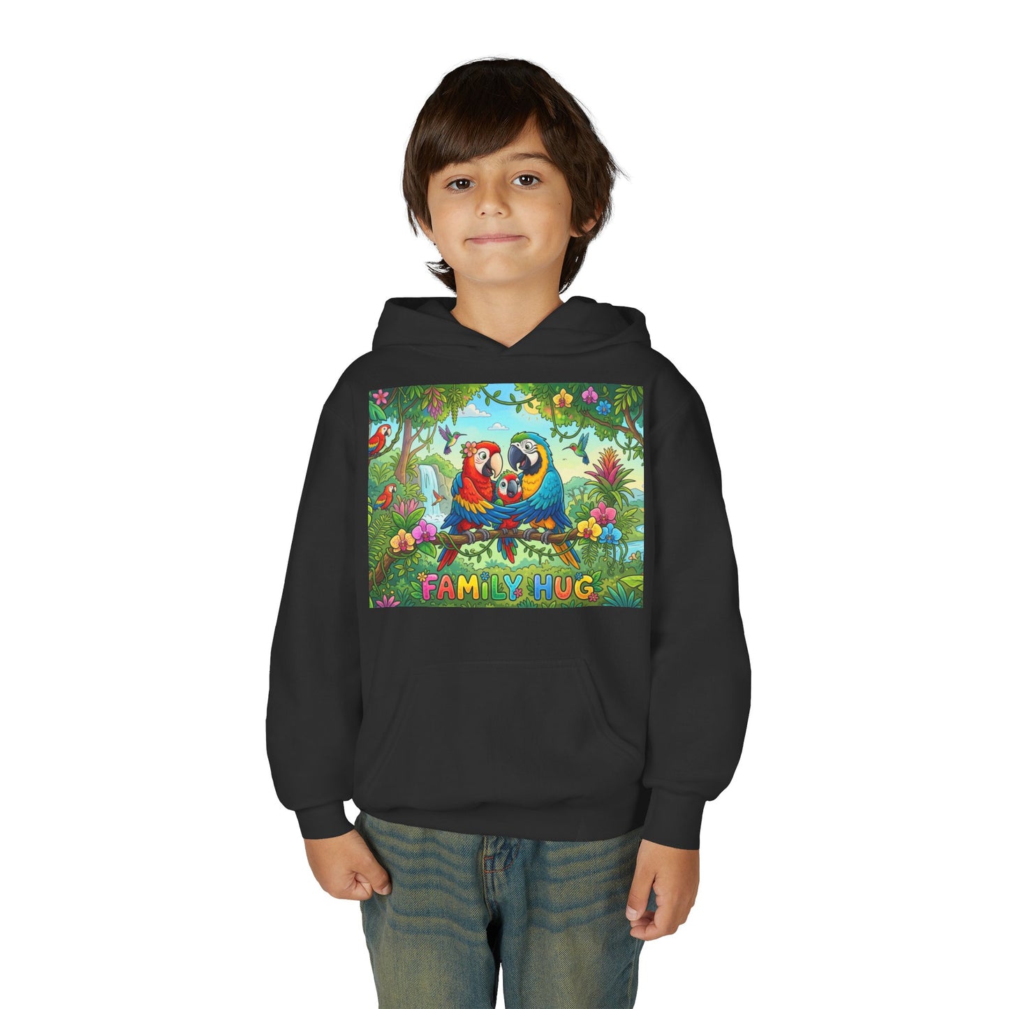 Family Hug Macaw Youth Heavy Blend Hooded Sweatshirt