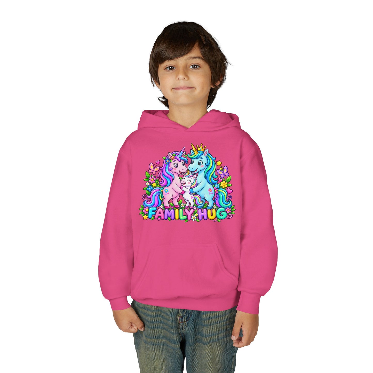 Family Hug Unicorn Youth Heavy Blend Hooded Sweatshirt
