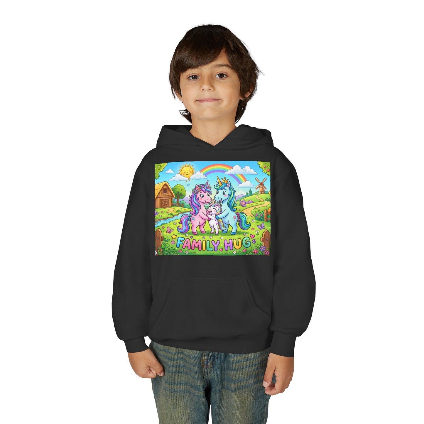 Family Hug Unicorn Youth Heavy Blend Hooded Sweatshirt