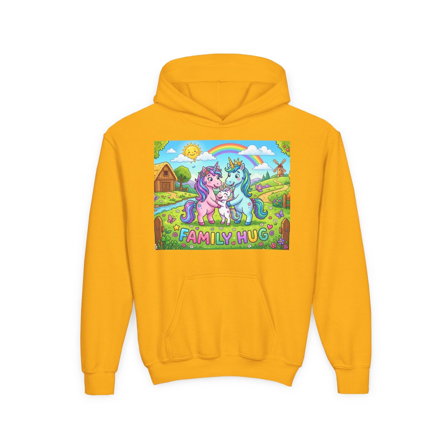 Family Hug Unicorn Youth Heavy Blend Hooded Sweatshirt