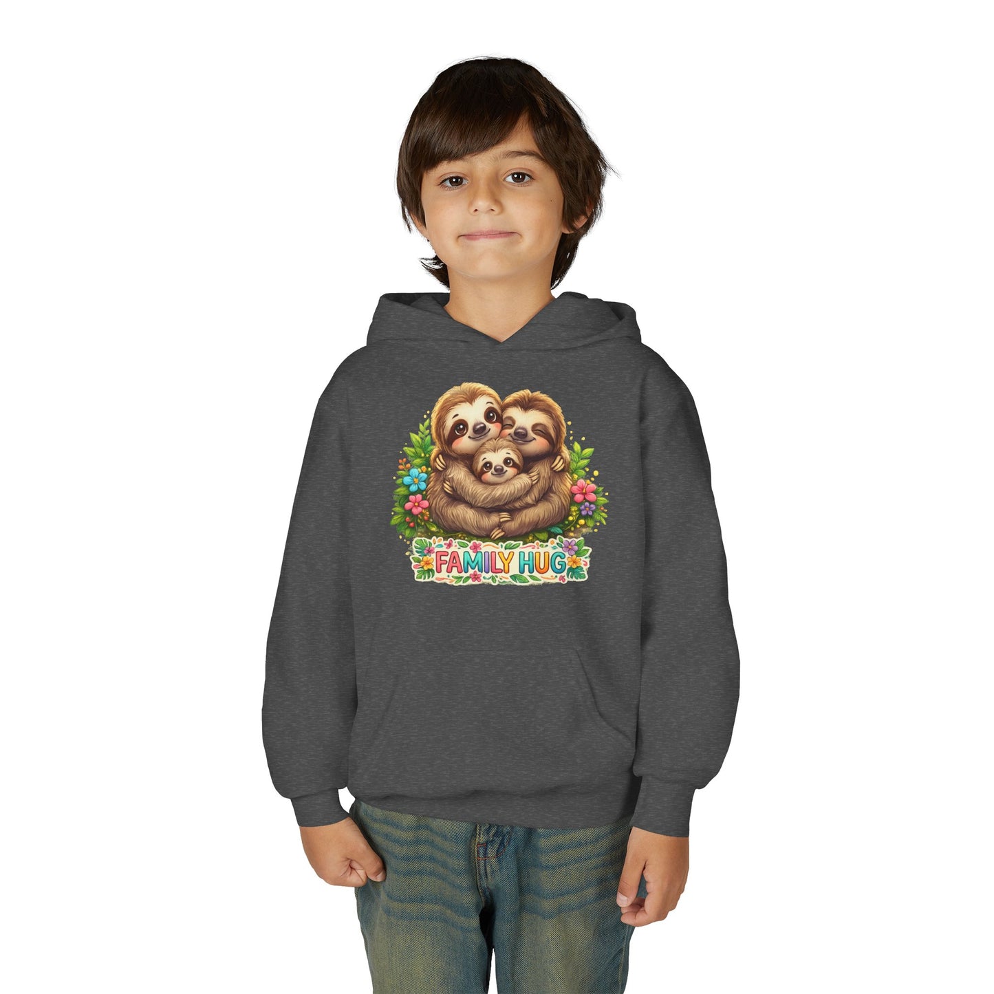 Family Hug Sloth Youth Heavy Blend Hooded Sweatshirt